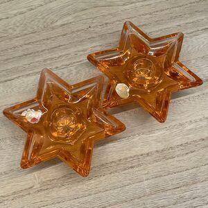 Vintage Pair of Star Shaped Bohemia Glass 4” Candle Holders Czechoslovakia